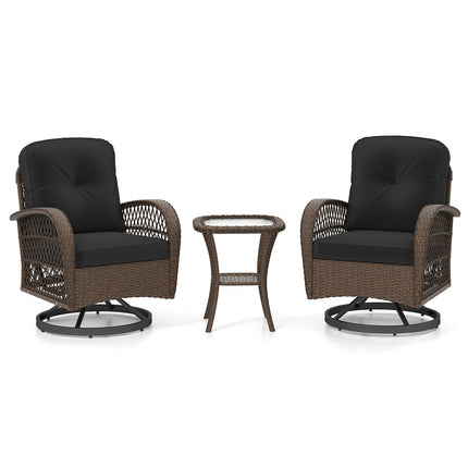 3 Piece Patio Swivel Rocker Set with Tempered Glass Side Table and Thick Cushions