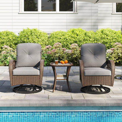3 Piece Patio Swivel Rocker Set with Tempered Glass Side Table and Thick Cushions