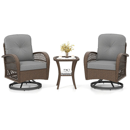 3 Piece Patio Swivel Rocker Set with Tempered Glass Side Table and Thick Cushions