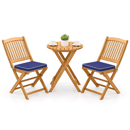 3 Pieces Acacia Wood Patio Folding Bistro Set with Soft Cushions