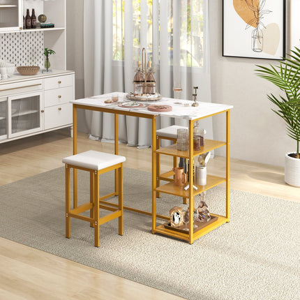 3 Pieces Gold Bar Table Set for 2 with 3-Tier Storage Shelves-Golden