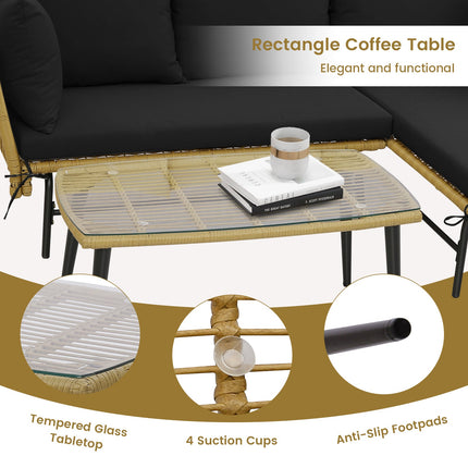 3 Pieces L-Shaped Patio Sofa with Cushions and Tempered Glass Table