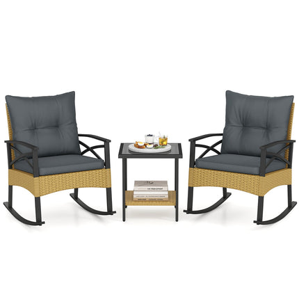 3 Pieces Outdoor Rattan Rocking Chairs Set with 2-Tier Side Table for Garden Backyard