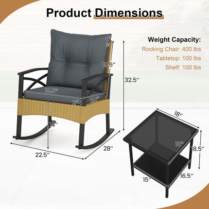 3 Pieces Outdoor Rattan Rocking Chairs Set with 2-Tier Side Table for Garden Backyard