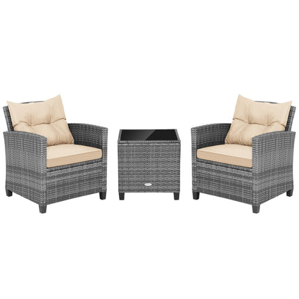 3 Pieces Outdoor Wicker Conversation Set with Tempered Glass Tabletop