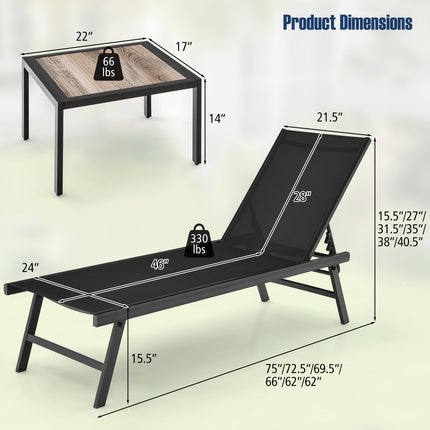 3 Pieces Patio Chaise Lounge Chair and Table Set for Poolside Yard