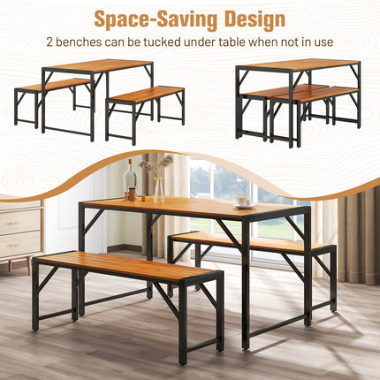3 Pieces Patio Dining Set with Acacia Wood Dining Table and 2 Benches