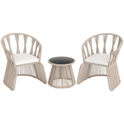 3 Pieces Patio Leisure Chair Set with Rope-Woven Armchairs and Seat Cushions-Off White
