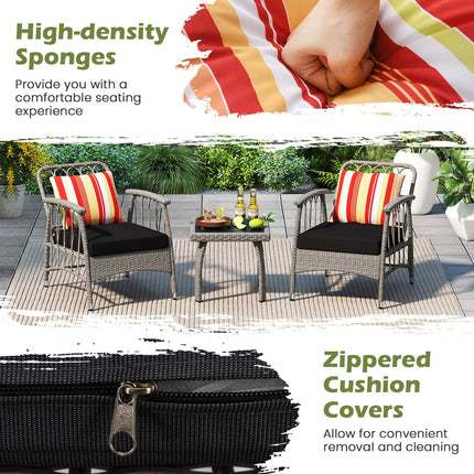 3 Pieces Patio PE Wicker Furniture Set with 5-Level Adjustable Backrest-Gray