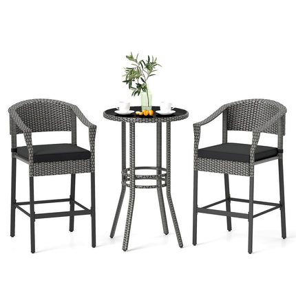 3-Piece Patio Rattan Bar Set with Tempered Glass Top for Backyard Poolside
