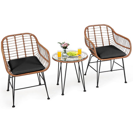 3 Pieces Patio Rattan Bistro Set with Cushion