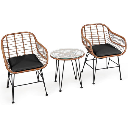 3 Pieces Patio Rattan Bistro Set with Cushion