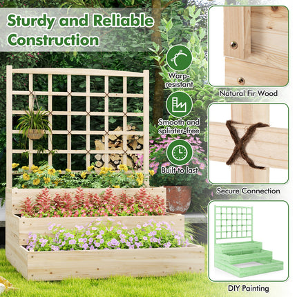 3-Tier Raised Garden Bed with Lattice Trellis and Open-Ended Base-Natural