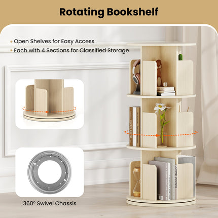 3-Tier Rotating Bookshelf with Dividers and Anti-falling Baffles