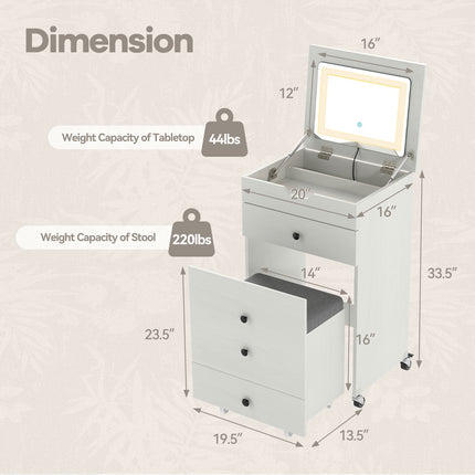 3-in-1 Small Vanity Desk Set with Flip-top Mirror and Lights with Drawers and Stool-White