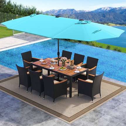 11 Pieces Patio Dining Set with LED Patio Umbrella with Base and Seat Cushions (Beige)