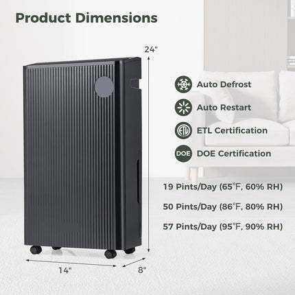 4500 Sq. Ft 57 Pint Quiet Dehumidifier for Basement with 4 Modes-Black