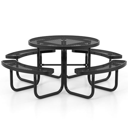 45 Inches Outdoor Round Picnic Table and Bench Set for 8 with Umbrella Hole-Black