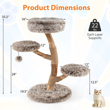 Cat Tree Solid Pear Wood with Perch and Natural Jute Scratching Posts-Brown