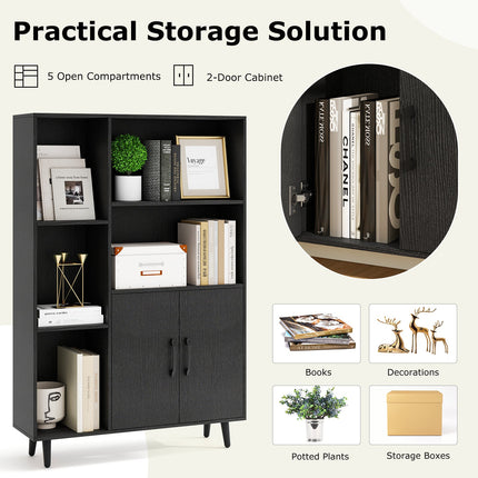 4 Inch Floor Bookshelf with 5 Open Compartments and Storage Cabinet-Black