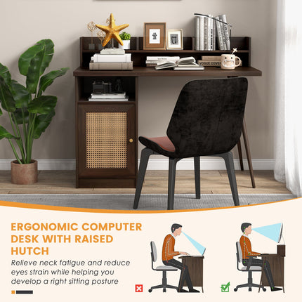 48 Inch Computer Desk with Hutch and PE Rattan Cabinet Shelves