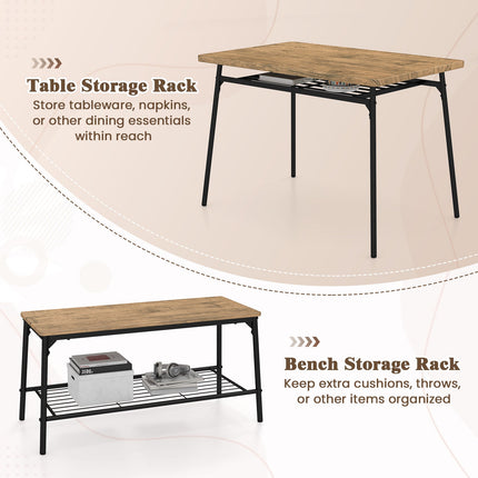 4 Piece Dining Table Set for 4 Metal Frame with Bench and 2 Chairs-Brown