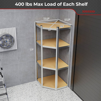 4-Tier Corner Shelving Unit Adjustable Garage Storage Utility Rack for Warehouse
