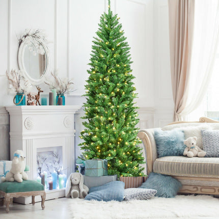 6 Feet PVC Hinged Pre-lit Artificial Fir Pencil Christmas Tree with 150 Lights