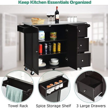 Kitchen Island 2-Door Storage Cabinet with Drawers and Stainless Steel Top