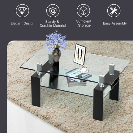 Rectangle Glass Coffee Table with Metal Legs for Living Room