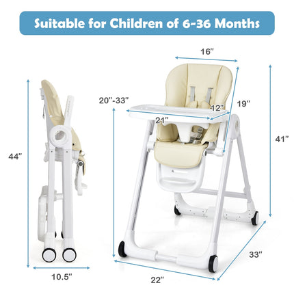 Baby Folding Convertible High Chair with Wheels and Adjustable Height