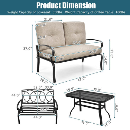 2 Pieces Patio Loveseat Bench Table Furniture Set with Cushioned Chair-Blue