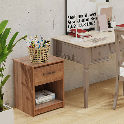 Wooden Nightstand with Drawer and Open Storage Compartment