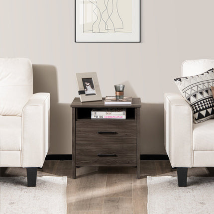 Modern Wood Grain Nightstand with Cable Hole and Open Compartment