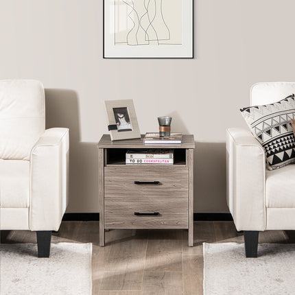 Modern Wood Grain Nightstand with Cable Hole and Open Compartment