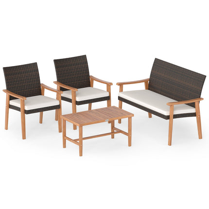 4 Piece Patio Furniture Set PE Rattan Porch Chairs with Acacia Wood Coffee Table and Soft Cushions-White