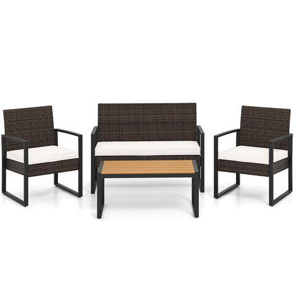 4 Piece Patio Furniture Set Outdoor Rattan Conversation Set with Cushioned Chairs and Wood Plastic Coffee Table-Off White
