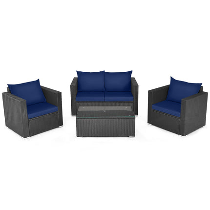 4 Pieces Patio Rattan Conversation Set with Cushions and Coffee Table-Black