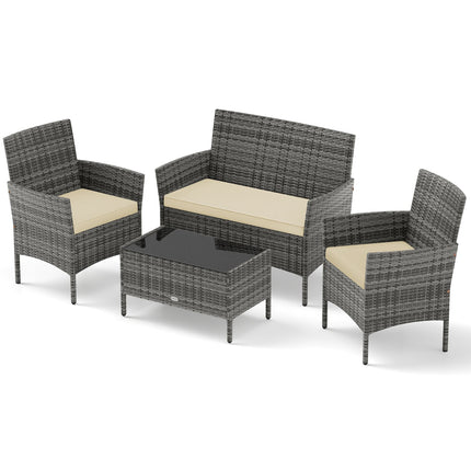 4 Pieces Patio Rattan Conversation Set with Tempered Glass Coffee Table
