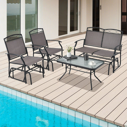4 Piece Patio Glider Conversation Set with Tempered Glass Table Top-Brown