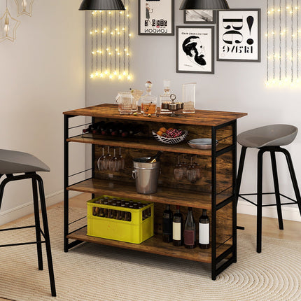 4-Tier Mini Bar Kitchen Island with Footrest and Wine Rack-Coffee