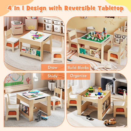 4 in 1 Kids Table and Chair Set with Reversible Graffiti and Building Blocks Tabletop