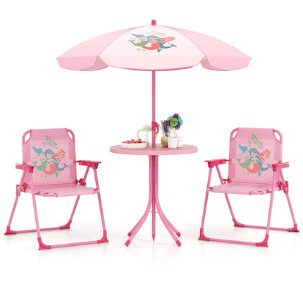 4 Pieces Kids Picnic Set with 2 Folding Chairs and Height Adjustable Umbrella