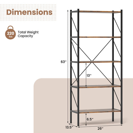 5-Tier Bookshelf with Open Shelves and Heavy Duty Metal Frame