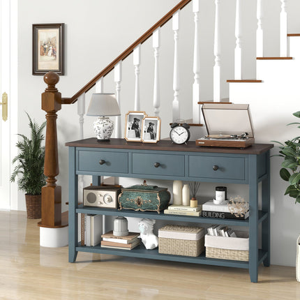50 Inch Entryway Table Narrow Long Sofa Table with Drawers and Shelves-Dark Blue