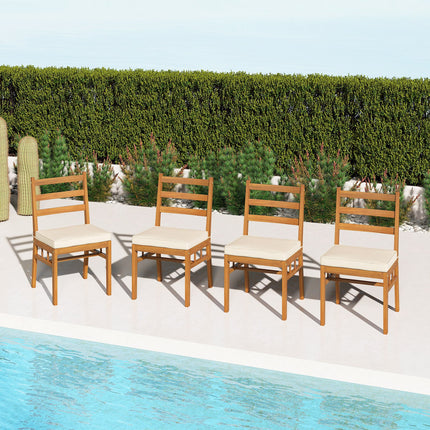 Outdoor Wooden Dining Chair Set of 4 with Padded Seat Cushions-White