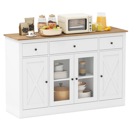 55" Large Buffet Sideboard Kitchen Storage Cabinet with 3 Drawers 2 See-through Doors Adjustable Shelves Wine Bar Table