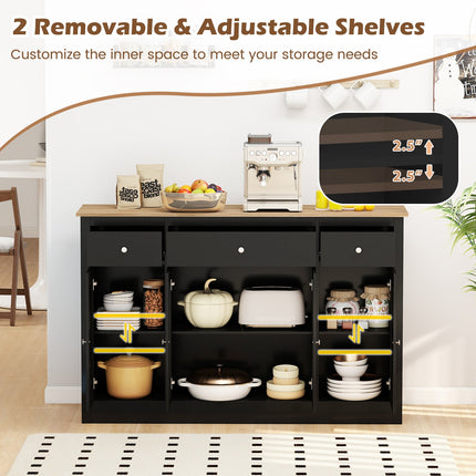 55" Large Buffet Sideboard Kitchen Storage Cabinet with 3 Drawers 2 See-through Doors Adjustable Shelves Wine Bar Table