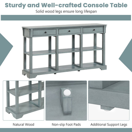 58 Inch Retro Console Table with 3 Drawers and Open Shelves Rectangular Entryway Table