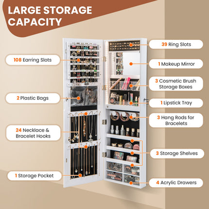Wall Mounted Jewelry Cabinet with 3-Color Lights